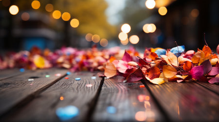 Autumn leaves on wooden table with bokeh lights in backgroundの素材