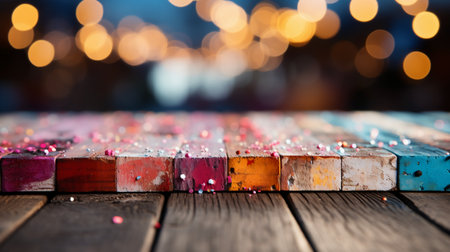 Colorful wooden table and blurred bokeh lights background. Copy space.の素材