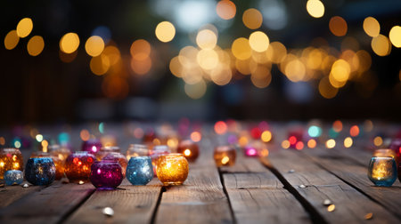 Colorful Christmas ornaments on wooden table in front of bokeh lightsの素材
