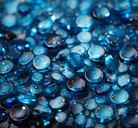 Macro shot of a group of blue glass beads. Abstract background.の素材