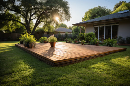Wooden terrace in the garden with green grass and sunlight.の素材