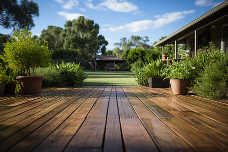 Wooden deck in the garden with lots of plants and trees.の素材