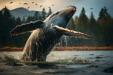 Humpback whale jumps out of the water on a background of forest.の素材