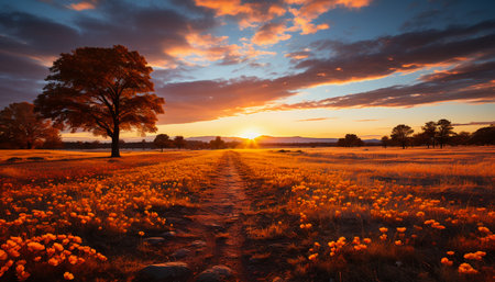 Beautiful sunset over a field of poppies in the summerの素材