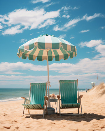 Beach chairs and umbrella on the sandy beach in the summer.の素材