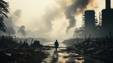 A man walking through a polluted industrial area. Global warming concept.の素材