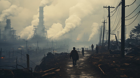 The smoke from the chimneys of a power plant pollutes the atmosphere.の素材