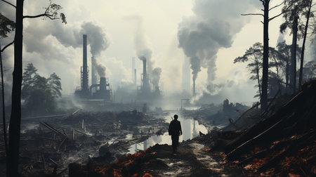 Man standing in the middle of the forest with smoke coming out of the factoryの素材