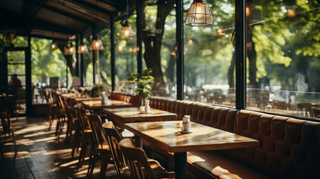 Cafe with tables and chairs in the evening light. Selective focusの素材