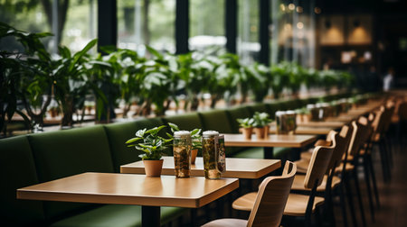 Cafe interior with wooden tables, chairs and plants. Empty space for text.の素材