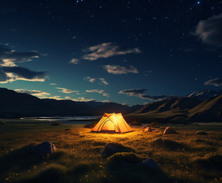 Camping in the mountains at night with a view of the starry skyの素材