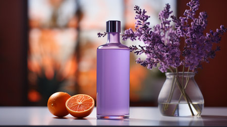 Bottle of perfume with orange and lavender on table in roomの素材