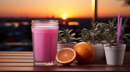 Glass of fresh milk and fruits on wooden table near window at sunsetの素材