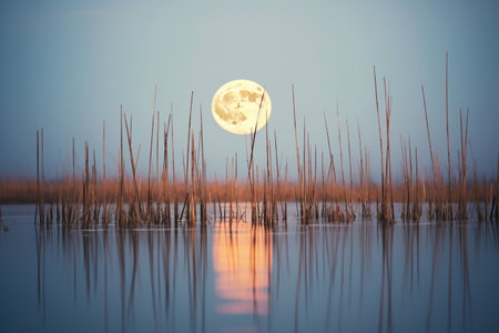 Full moon over reeds in the lake at sunset, vintage lookの素材