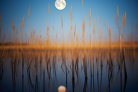 sunset on the lake with reeds and moon in the skyの素材