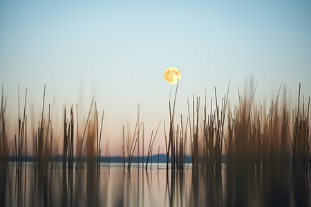 Full moon rising over reeds in a lake at sunset in summerの素材