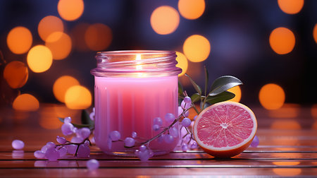 Citrus candle with flowers on wooden table against bokeh backgroundの素材