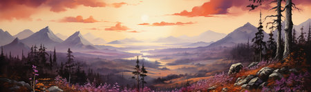 Panoramic view of the mountains and the forest at sunset.の素材