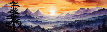 Panoramic view of the mountains at sunset. Vector illustration.の素材