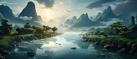 Fantasy Landscape with Mountain and River. 3D Renderingの素材