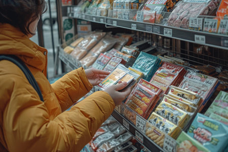 Young woman buying meat products in a grocery store. Close-up.の素材