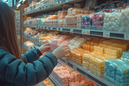 Young woman choosing colorful candies in a supermarket. Selective focus.の素材