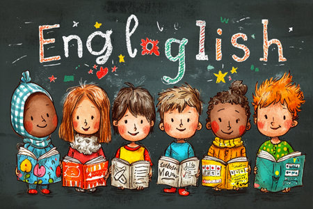 Group of happy children, sketch on blackboard, vector illustration.の素材