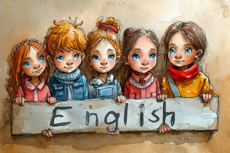 Children's drawing of a group of children with a sign in their handsの素材