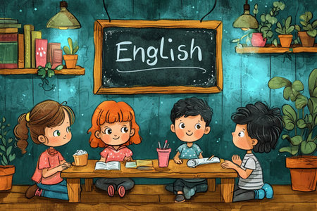 Kids reading books at the wooden table, sketch style illustration for your designの素材