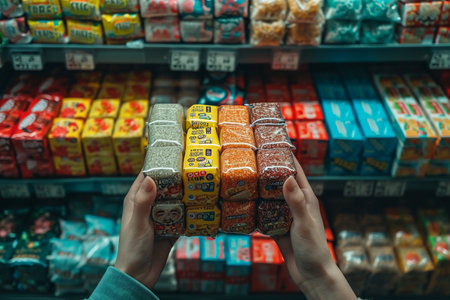 Photo pour Hands of a woman choosing a variety of candies in a supermarket - image libre de droit