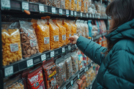 Woman shopping for cereals in a grocery store. Selective focus.の素材