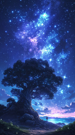 Fantasy landscape with a big tree and the milky way.の素材