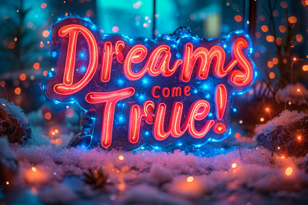 Decorative neon sign in the shape of a Christmas tree with the inscription Dreams come true.の素材
