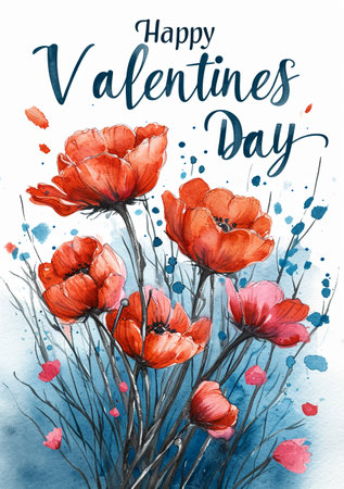 Valentines day greeting card with poppies. Hand drawn watercolor illustration.の素材