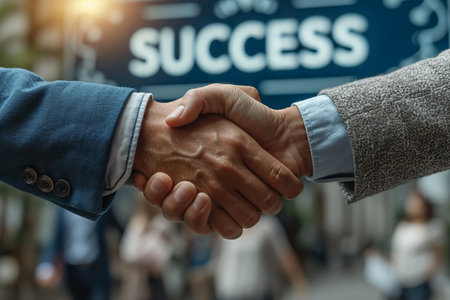 Businessman shaking hands with businesswoman at meeting. Success concept.の素材