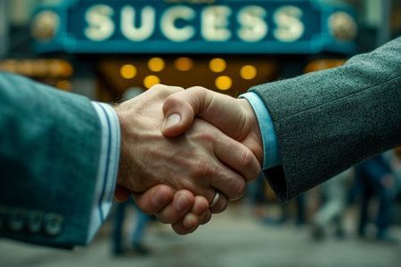 Two businessmen shaking hands in front of a signboard with the word successの素材