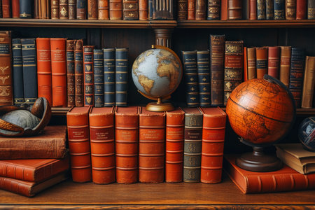 Bookshelf with old books, globe and globe. Education conceptの素材