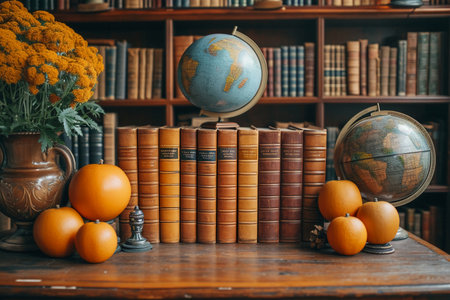 Vintage books, globe and tangerines on a wooden tableの素材