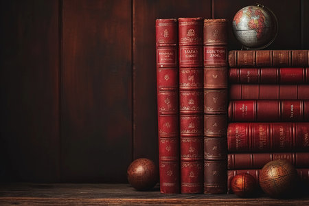 Old books with globe and christmas balls on wooden background. Vintage style.の素材