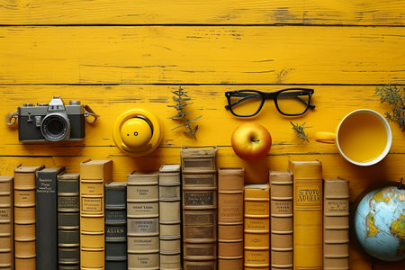 Composition with books, camera and other objects on yellow wooden backgroundの素材