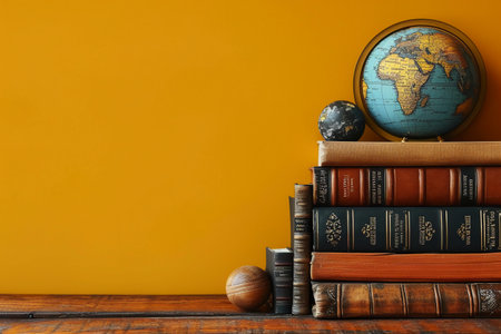 Books and globe on wooden table on yellow background. Back to school concept.の素材