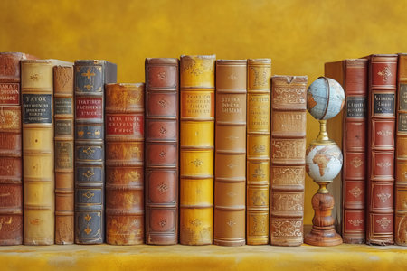 Old books and globe on a yellow background. Concept of education.の素材