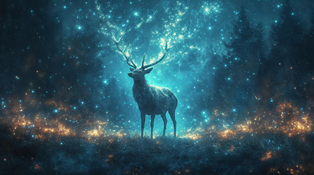 Deer in the forest at night. 3D render illustration.の素材