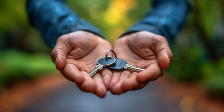 Close up of male hands holding keys. Real estate agent giving keys to buyer.の素材