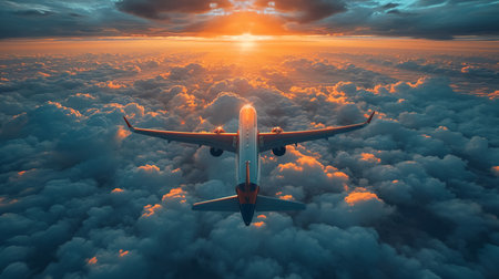 Airplane flying above the clouds at sunset. 3d render illustrationの素材