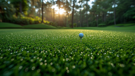 Golf ball on green grass in golf course. Golf ball on green grass in golf course at sunset.の素材