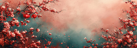 Chinese New Year background. Cherry blossom and red lanterns.の素材