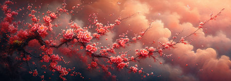 Beautiful blooming sakura branch with pink flowers on sky backgroundの素材