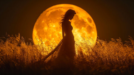 Silhouette of a girl in a long dress on a background of the full moonの素材