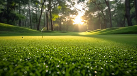 Golf course background with green grass and sun light in the morningの素材